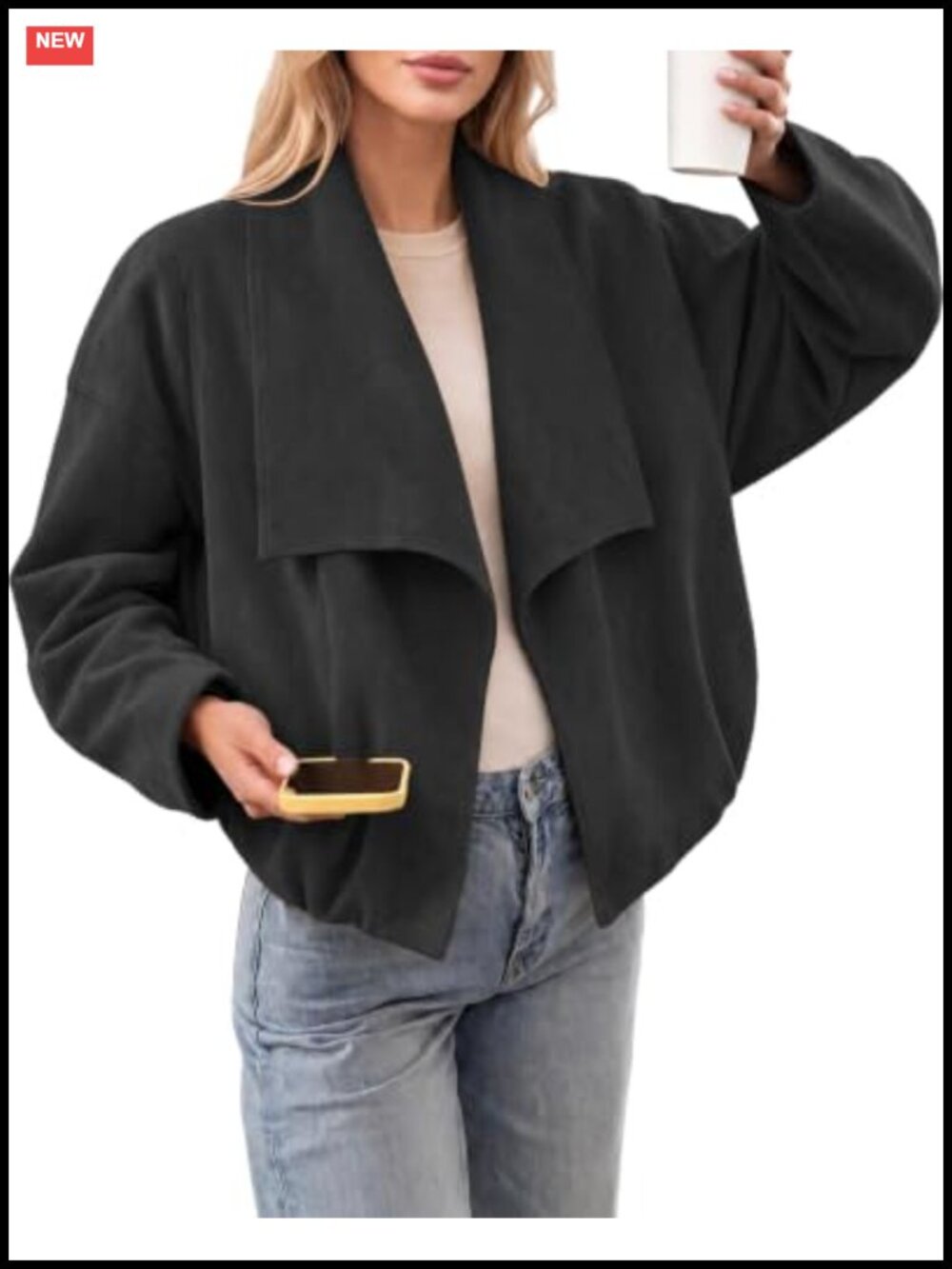 Oversized Cropped Faux Suede Jacket Open Front Lapel Lightweight Womens